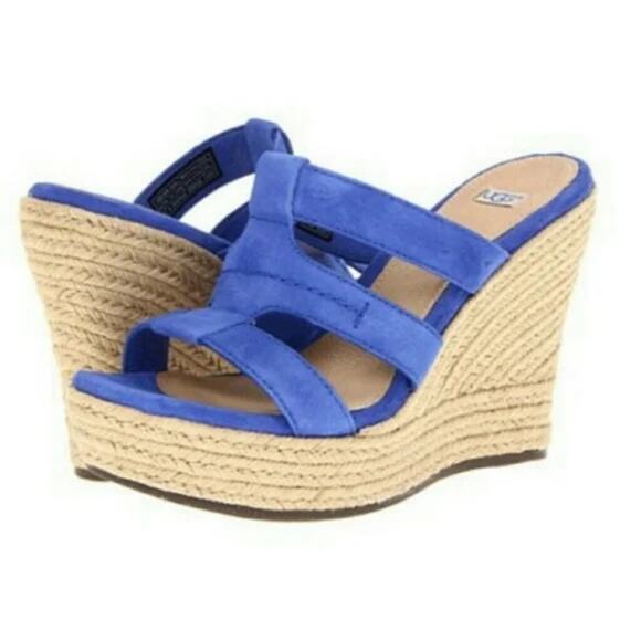 UGG Tawnie Wedge Sandals Platform Strappy Blue Suede Leather 1000404 Size 10 - Picture 1 of 11